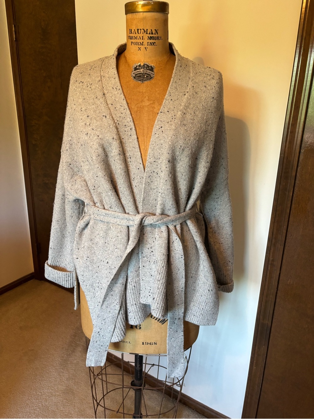 Ann Taylor Light Gray Speckled Belted Cardigan